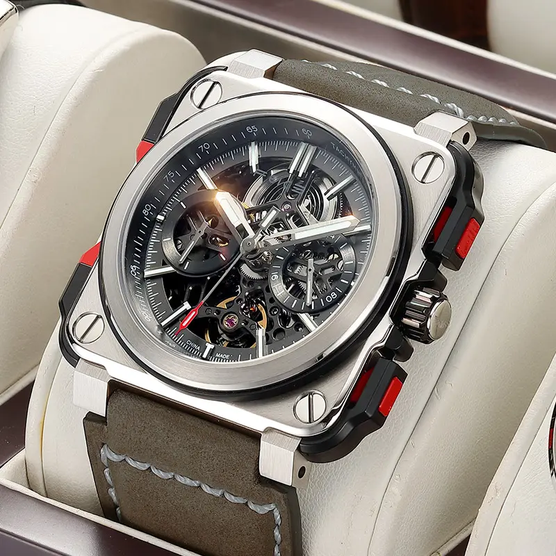 FEICE Men's Lightweight Square Illuminated Mechanical Watch - Durable Skeleton Dial, 10ATM Waterproof, 80h Power Reserve, Sapphire Crystal, Luxury Modern Casual Sport Watch for Outdoor Activities, Illuminated Mechanical Watches, Lightweight Square Mechani