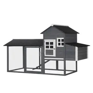 84" Wooden Chicken Coop for 2-3 Chickens, Outdoor Hen House with Run, Nesting Box, Asphalt Roof, Removable Tray, Ramp, Gray Poultry Cage