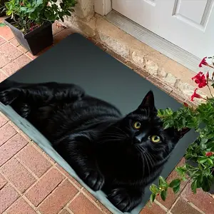 1PC Cute Lazy Black Cat Welcome Mat, Soft Paws Design Indoor Outdoor Door Mat, Cat‑Themed Decor for Foyer Doorway Kitchen, Ideal for Pet Owners
