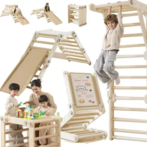 Pikler Triangle Set,Plastic 9 in 1 Toddler Climbing Toys Indoor with Slide,Foldable Pickler Climbing Set,Jungle Gyms for Kids,Toy Building Block Table,Drawing Board,Montessori Sensory Furniture,oldable Indoor Kids Gym(Beige & Gray)