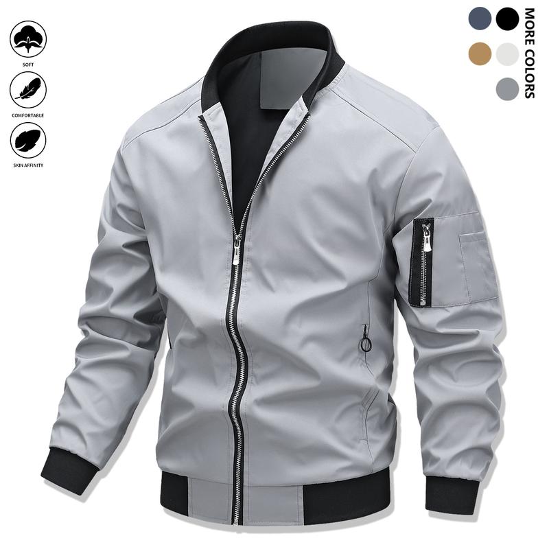 Men's lightweight casual jacket with sports slim fit zipper, stand collar, long sleeves, and zipper pockets, durable polyester fabric suitable for spring/autumn outdoor training, gym workouts, and casual wear, featuring a stylish minimalist design