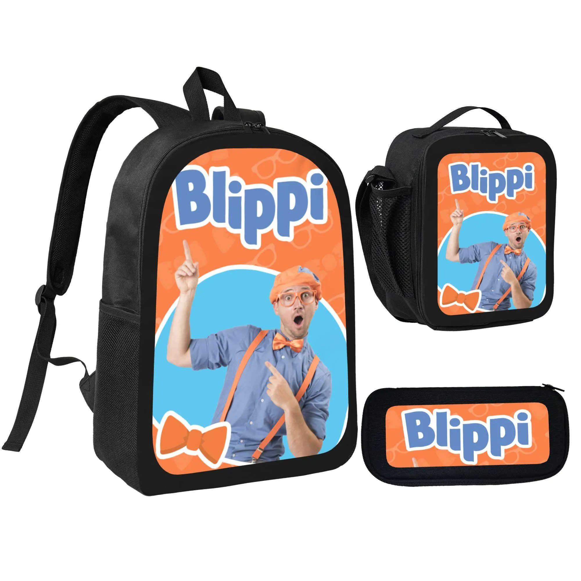 3Pcs Backpack Set Blippi Cartoon Character With Lunch Bag Pencil Pouch School Bag For Kids Boys Girls Students Toddler Preschool Kindergarten