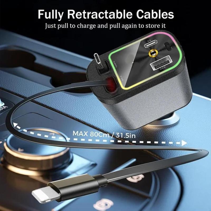 Car Charger with Starlight, 4 in 1 Retractable 66W USB C Car Charger with 2 USB Ports, Fast Car Charger Compatible with  iPhone 16 and Android