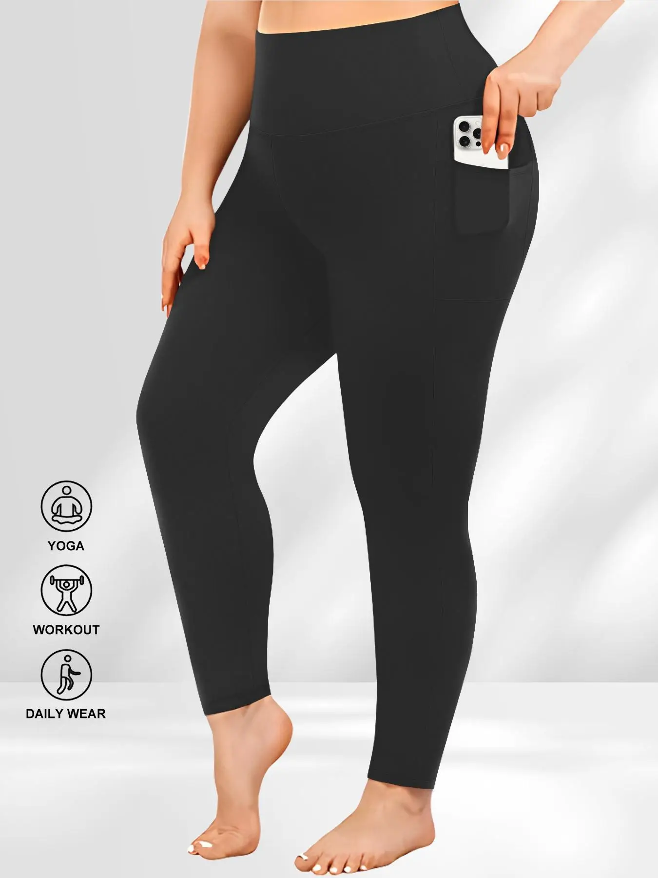 Plus Size Solid High Waist Leggings with Pocket, Summer Outfits, Casual High Stretch Skinny Pants for Women, Soft Comfortable Women's Bottoms for All