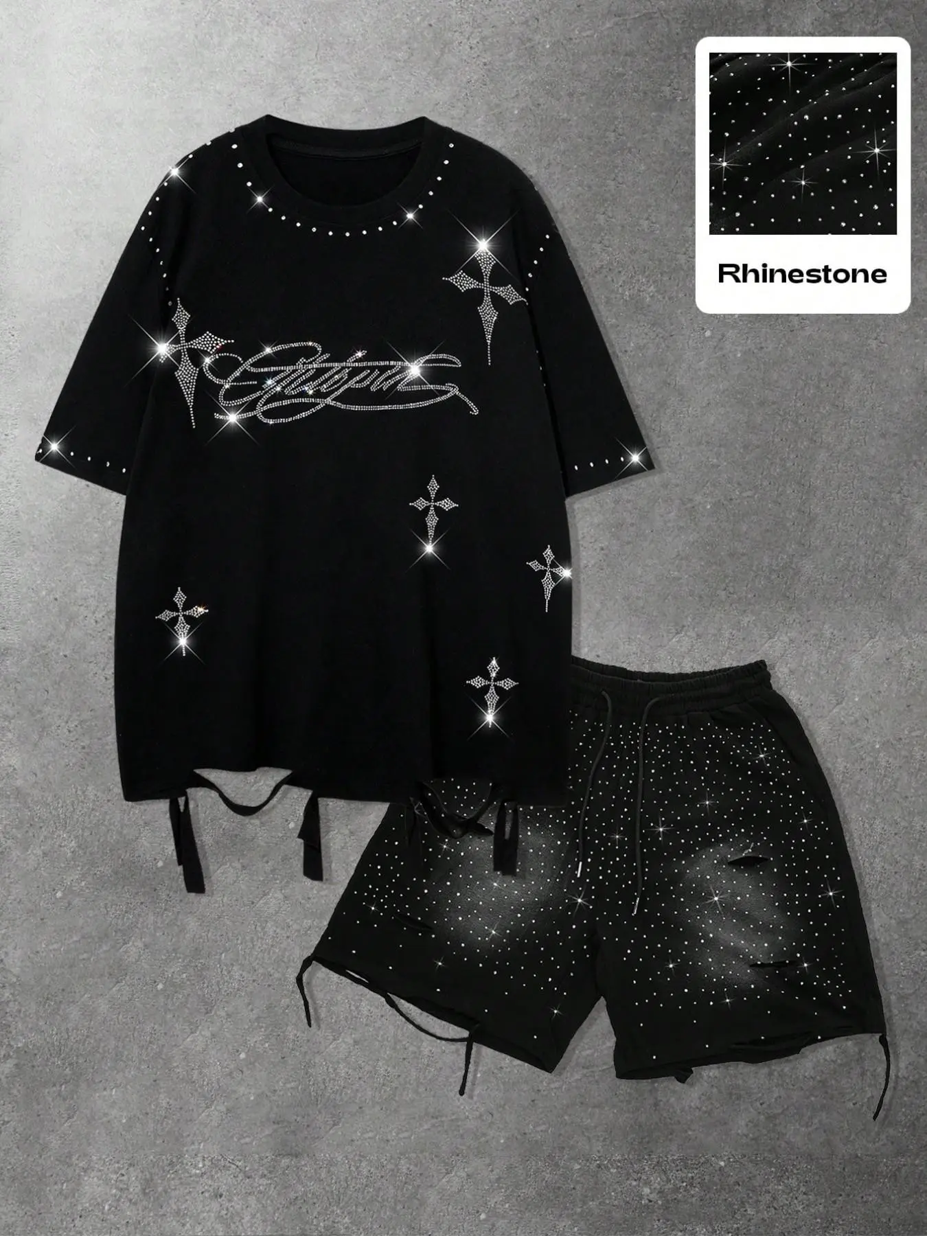 Men's Loose Fit Casual T-Shirt and Shorts Set, Menswear, Clothes, Outfit, Rhinestone and Ripped Details, Summer Fashion Streetwear, All over Print