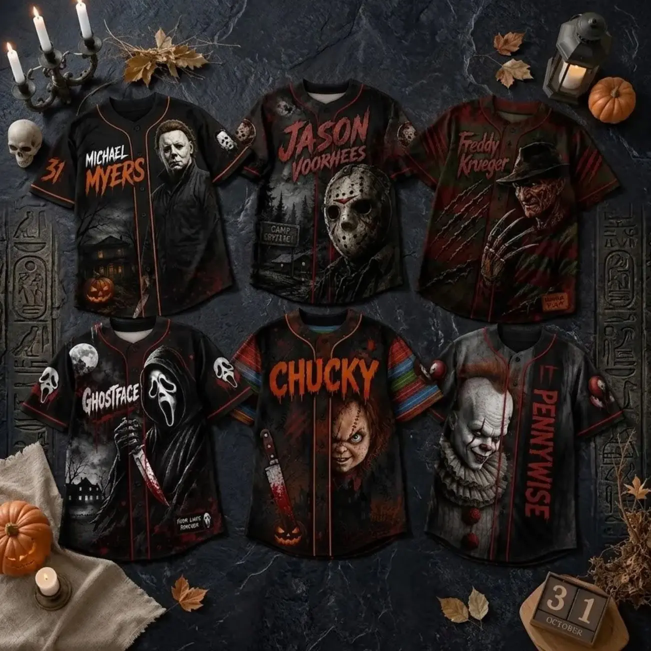 Custom Horror Slasher Baseball Jersey, Woodsboro Mask & Killer Doll Shirt, Elm Street Nightmare Top, Spooky Squad Halloween Uniform