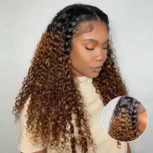 OQHAIR Ombre Blonde Highlights Color Water Wave Glueles Wigs With Black Roots Natural Blend Pre Cut 7x5 Lace Wear Go Lace Front Wigs Human Hair With Drawstring