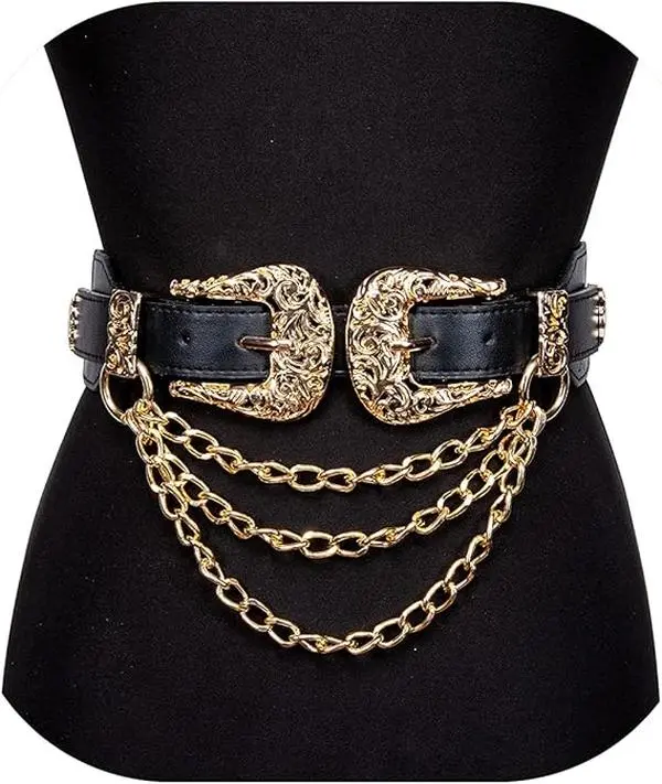 Women's Embossed Double-Buckle Adjustable High Stretch Elastic Waist Belt with Detachable Alloy Chain, Vintage Western Leather Accessory for Dresses, Beach Parties (for Women's Clothes with Flowers Accent)