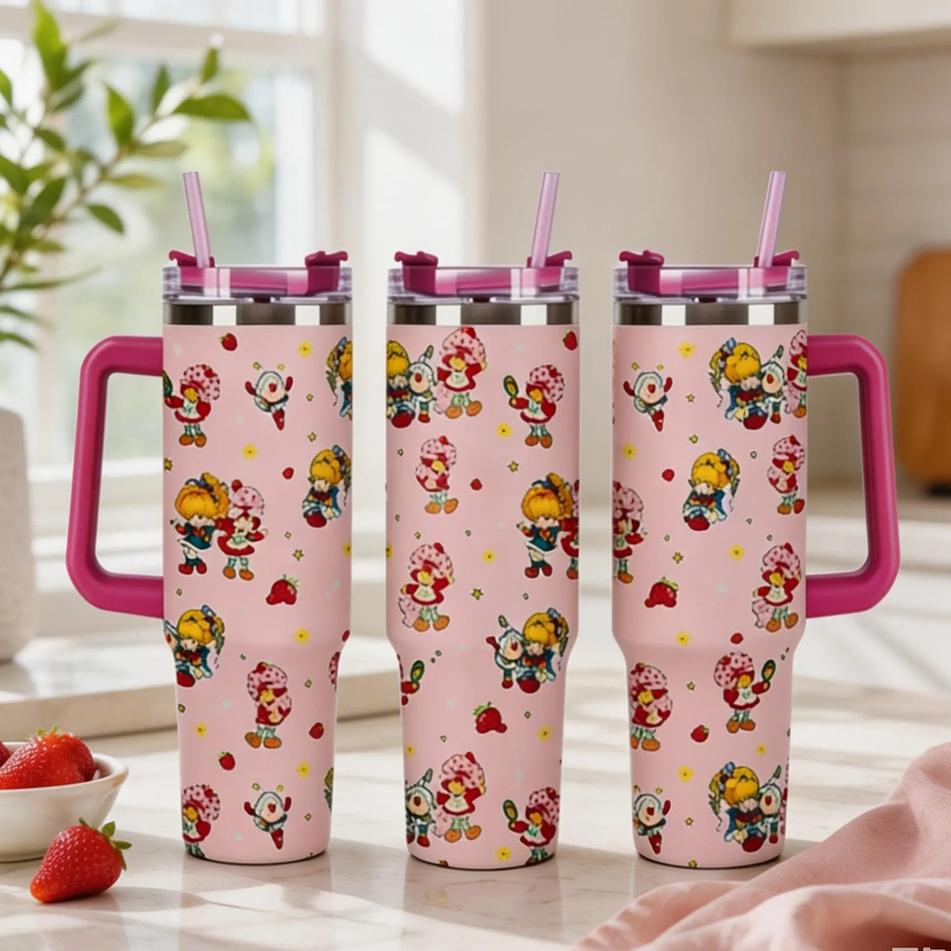 Women's 40 Oz Steel Vacuum Flask Tumbler, 1-Piece Strawberry Print Double-Wall Leak-Proof Travel Mug with Handle & Lid, Keeps Drinks Hot 12H Cold 24H, Summer Cup for Beach Picnic, Ideal Gift for Girls, Flasks