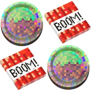 50Pcs Iridescent Pixel Disposable Tableware Set Video Game Party Plates Napkins Dessert Plates Gaming Party Supplies Birthday Decorations for Kids Baby Shower Teen Gamer Serve 25