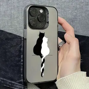 Matte Silicone Black and White Cute Cat Pattern Smartphone Case, Shockproof Handheld Cellphone Casing, Mobile Phone Accessories Compatible with iPhone 15/16/17 Series