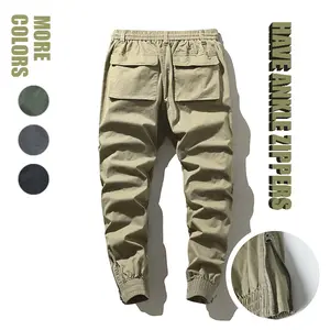 Stylish Cargo Pants Military Army Green Elastic Drawstring Multi-Pocket Work Outdoor Tactical Multi-Flap Stretchy Zippered Cuffs Harem Solid Color Pants Plain Beige Menswear