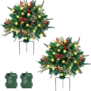 2 Pack Pre-lit Artificial Christmas Tree Urn Filler,  Operated Lighted Xmas Tree with Pinecones & Berries, Holiday Planter Filler Outdoor  Decor for Porch, Garden, Yard