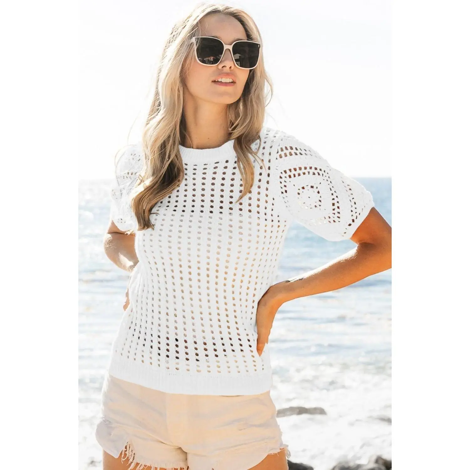 BiBi Crochet Knit Cover Up With Puff Sleeves
