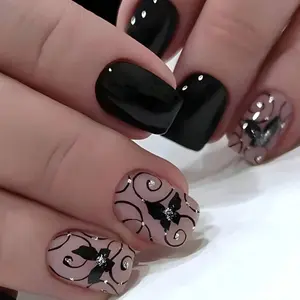 24pcs Short Square Black Butterfly Striped Glitter Design Nail Stickers Set For Women And Girls, Suitable For Press On Nails Supplies