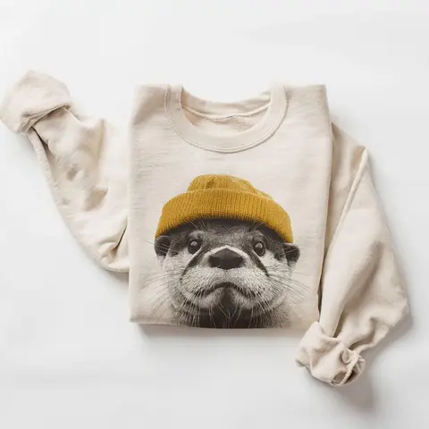 Retro River Otter Beanie Sweatshirt, Vintage Cozy Animal Crewneck, Trendy Unisex Forest Critter Pullover, Cute Winter Gift for Otter Lovers