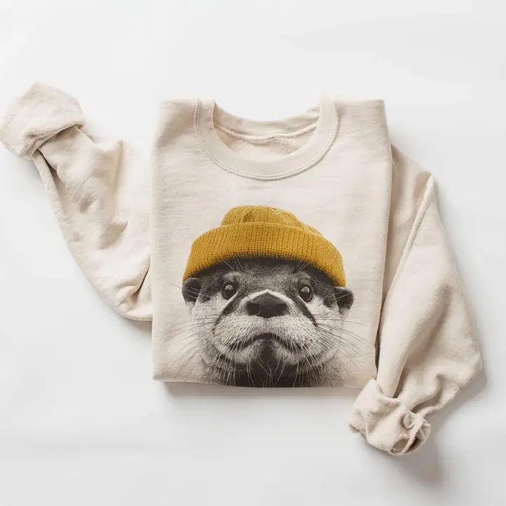 Retro River Otter Beanie Sweatshirt, Vintage Cozy Animal Crewneck, Trendy Unisex Forest Critter Pullover, Cute Winter Gift for Otter Lovers