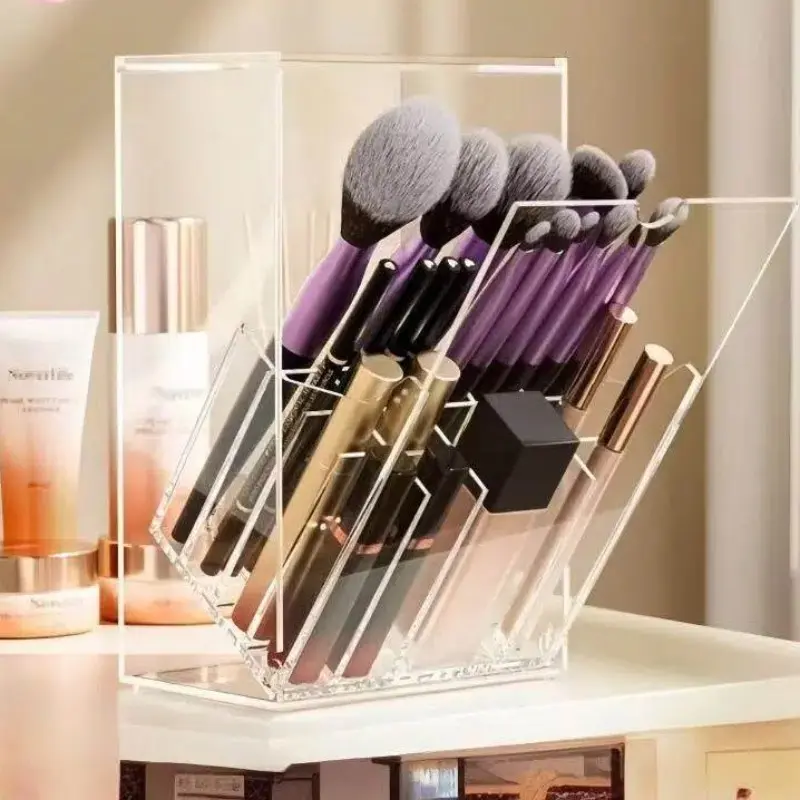 Transparent Acrylic Makeup Brush Organizer, Adjustable Desktop Cosmetic Storage Box, Multi-Compartment Plastic Holder, Perfume Container