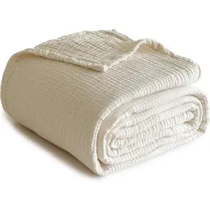100% Cotton Muslin Blanket Queen Size, Lightweight Breathable 4 Layering Gauze Blanket for Bed Couch Camping, Soft Bedspread Coverlet All-Season Use (Off White, 88" x 92")
