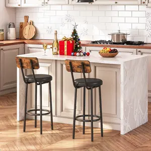 HOOBRO Bar Stools Set of 2 PU Upholstered Tall Bar Stools, Bar Chairs with Footrest and Back, 26" Bar Stools for Kitchen Island, Dining Room, Easy Assembly