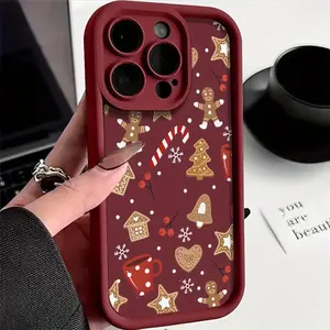 Adorable Christmas-Themed Crimson Silicone Phone Case Shockproof Mobile Protection Cover for iPhone 11 12 13 14 15 17 Pro Max Pro Plus Gingerbread Men & Candy Cane Design