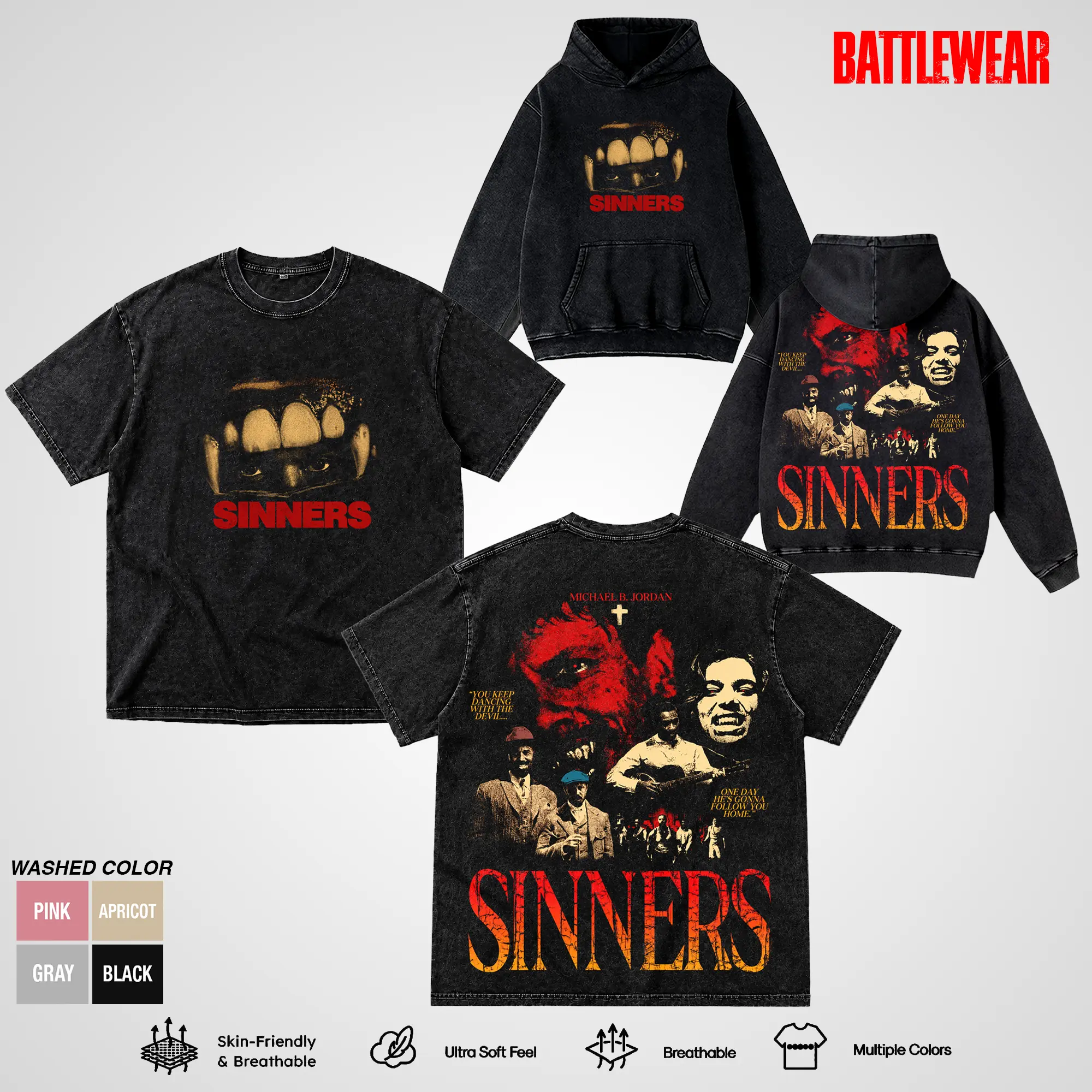 Sinners Vintage Washed T-Shirt & Hoodie, Vampire Horror Graphic Tee, Michael B Jordan Movie Merch Heavy Cotton Oversized Shirt, Southern Gothic Streetwear Unisex Apparel for Fans