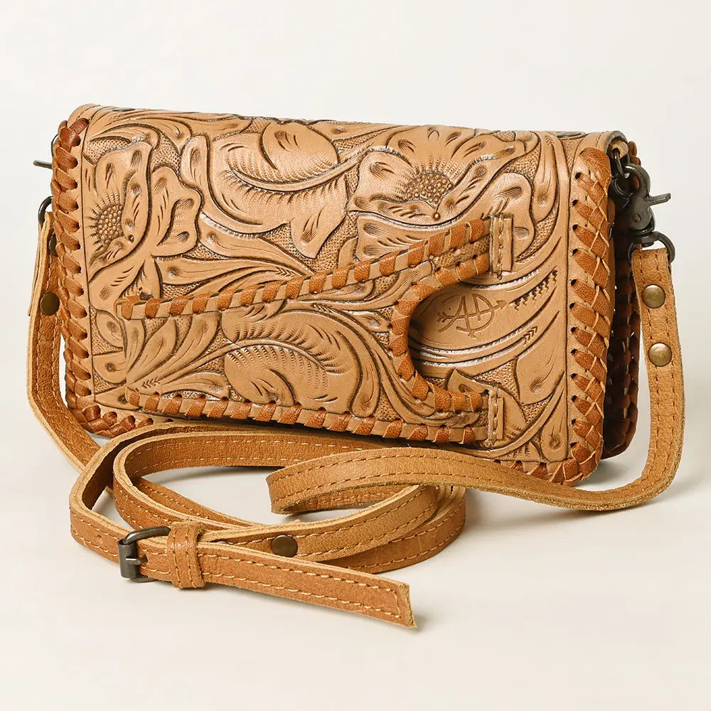 American Darling Western Hand-Tooled Leather Clutch Bag with Floral Carving and Premium Genuine Leather