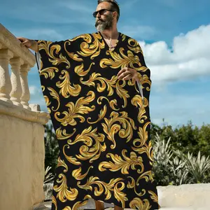 Men's V-Neck Pullover Summer Loose Baroque Print Kaftan Long Robe, Ornate Vintage Medallion Graphic Lightweight Beach Cover Up, Breathable Short Sleeve Resort Lounge Sleep Shirt for Men