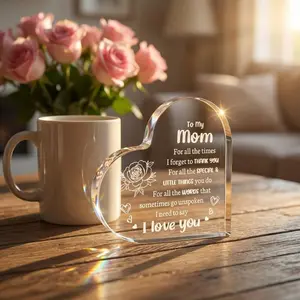 Heart Shaped Acrylic Decoration Block with Flower & Letter Pattern Inspirational Gift for Mom Premium Quality Glass Keepsake Engraved Quote Laser Crafted for Mom's Birthday Decorative Ornament Summervibes