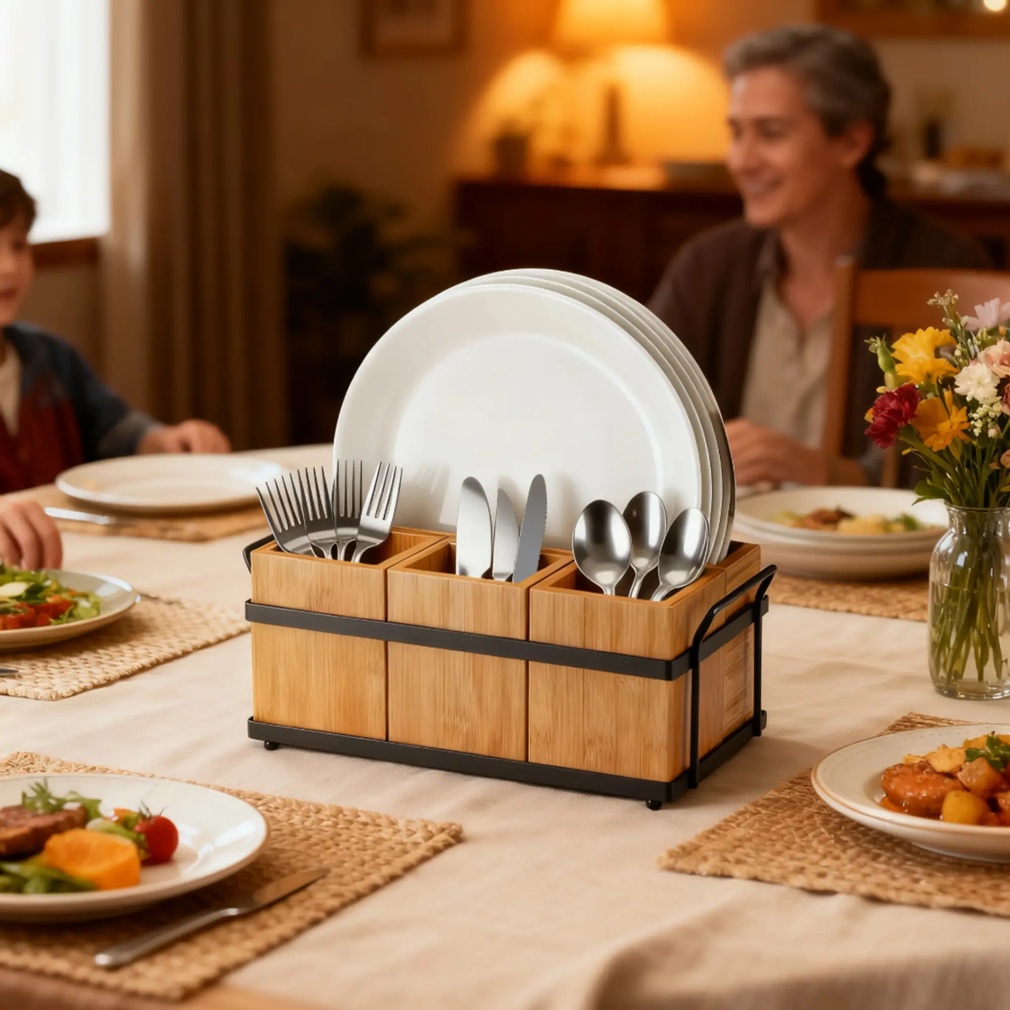 Garvee Eco-Friendly Wooden & Wooden Utensil Holder – 4 Removable Compartments, Metal Tray – Portable Silverware Caddy for Kitchen Counter, Buffet, Picnic, BBQ – Flatware Organizer for Cutlery, Napkins, Plates – 28×16×13cm