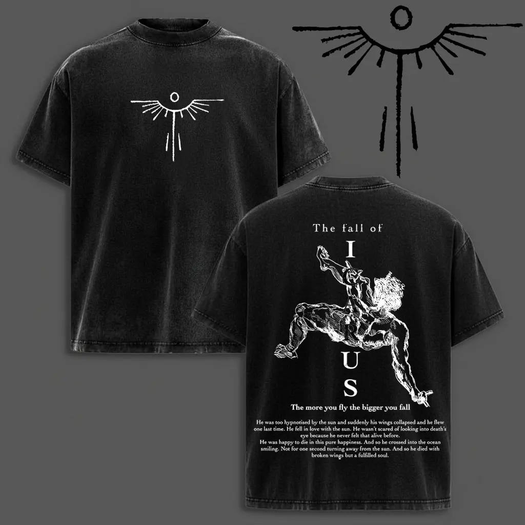 The Fall of Icarus – Broken Wings, Human Pride & Fall Graphic Tee, Bible Verse Oversized Faith Shirt Crewneck Cotton Menswear Top Apparel