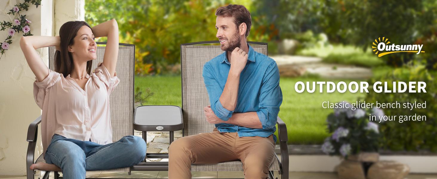 Outsunny Outdoor Glider Bench with Center Table, Metal Frame Patio Loveseat with Breathable Mesh Fabric and Armrests for Backyard Garden Porch