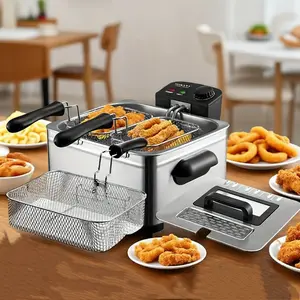 1.32 Gallon Large Capacity Stainless Steel Electric Fryer 1400W High Power Adjustable Temperature Timer Double Boiler with View Window Lid Frying Basket Easy to Clean Multifunctional Home Cooking Chicken French Fries Christmas Gift Hot and Cold Countertop