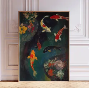 Japanese Koi Fish in Pond Japandi Wall Art Print Poster.