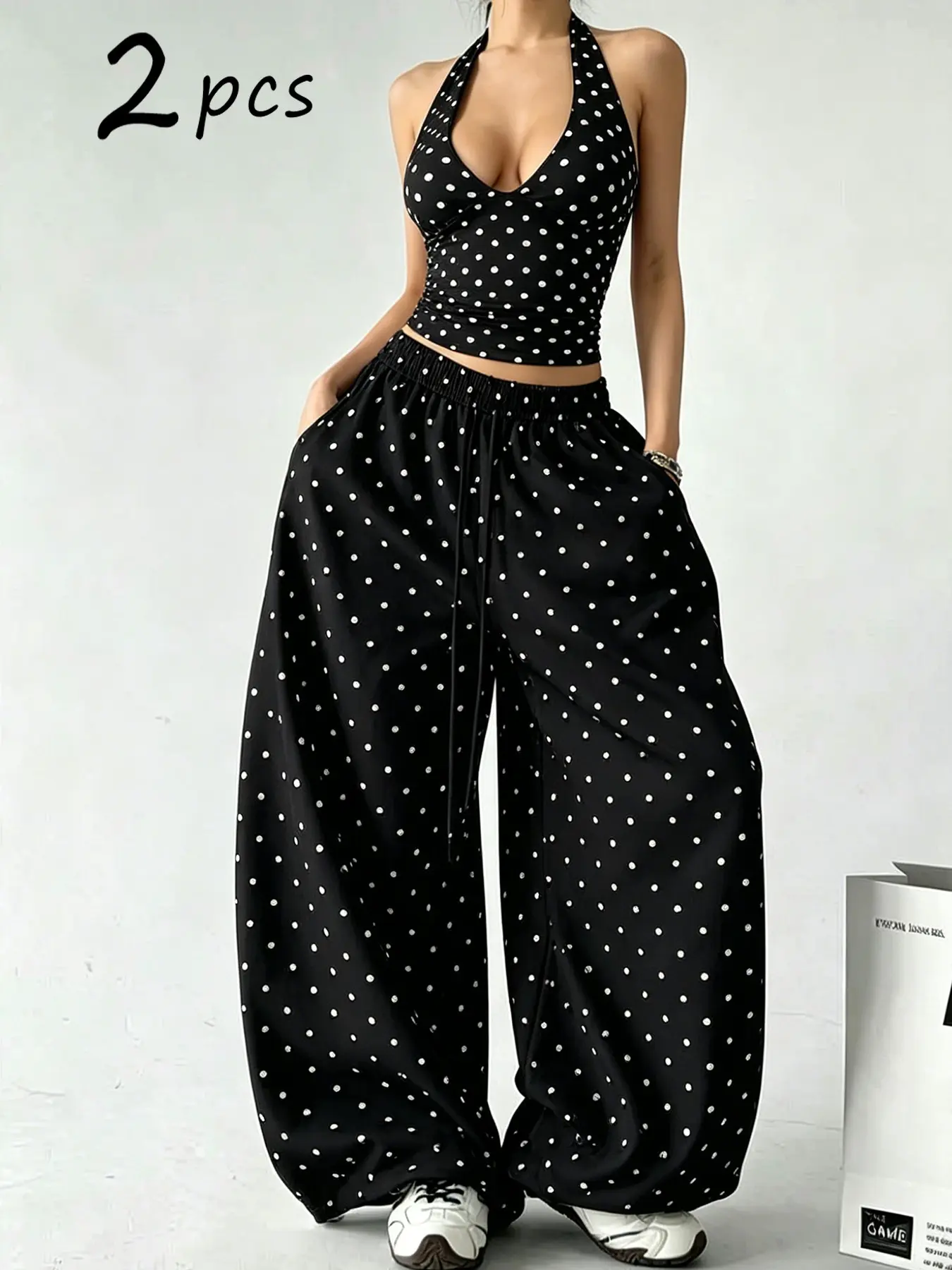 American Retro Polka Dot Halter Top + Wide Leg Pants Set, Womenswear Aesthetic, Sexy Casual, Slim Fit, Versatile for Dates, Work, Vacation