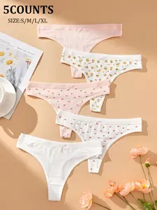 Women's Cute Print Soft Comfy Panties Set, Elegant Comfortable Soft Breathable Everyday Thong Underwear, Waist Color Block Small Bowknot Decor, Seamless Mid-Waist Fit