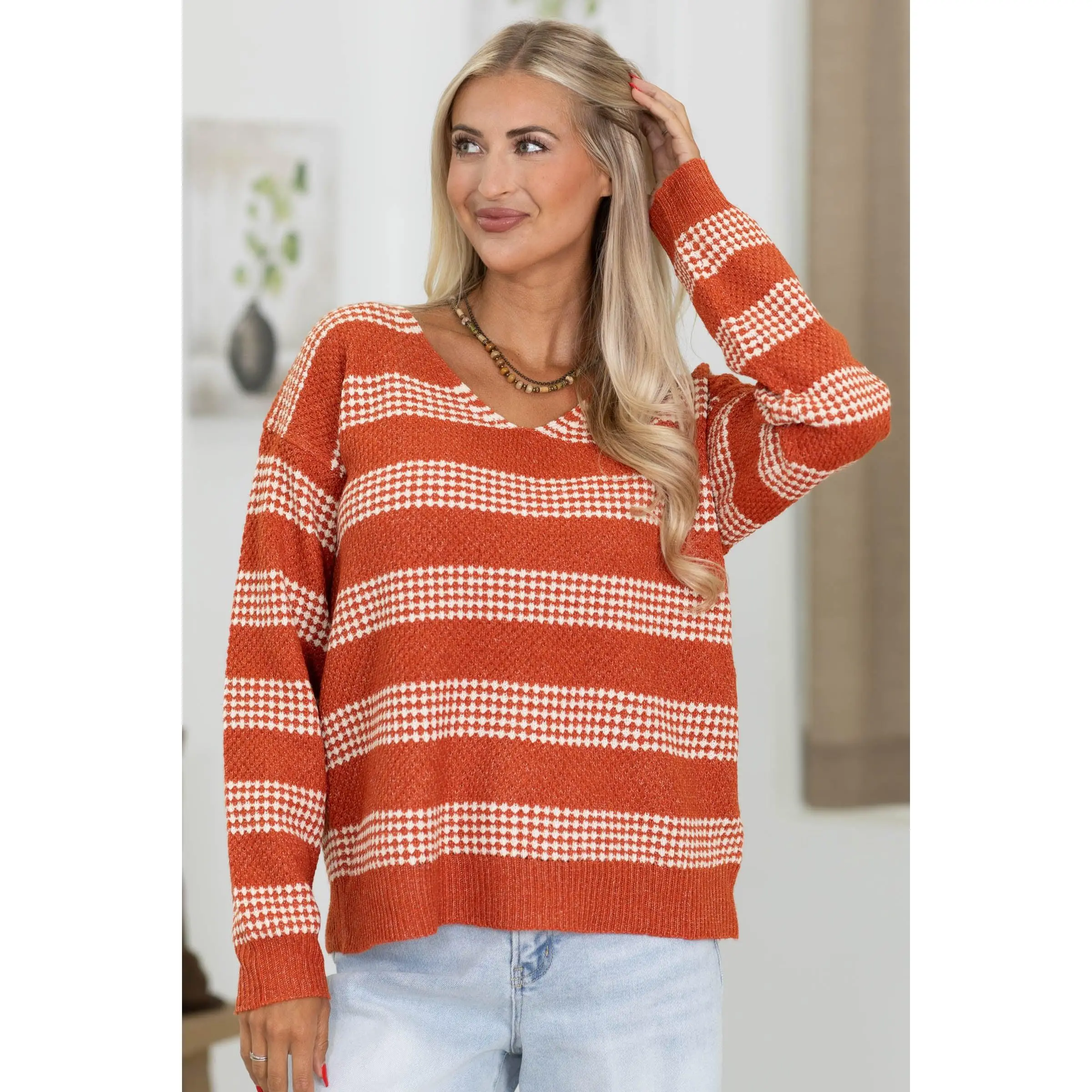 Staccato Textured Stripe V-Neck Pullover Sweater