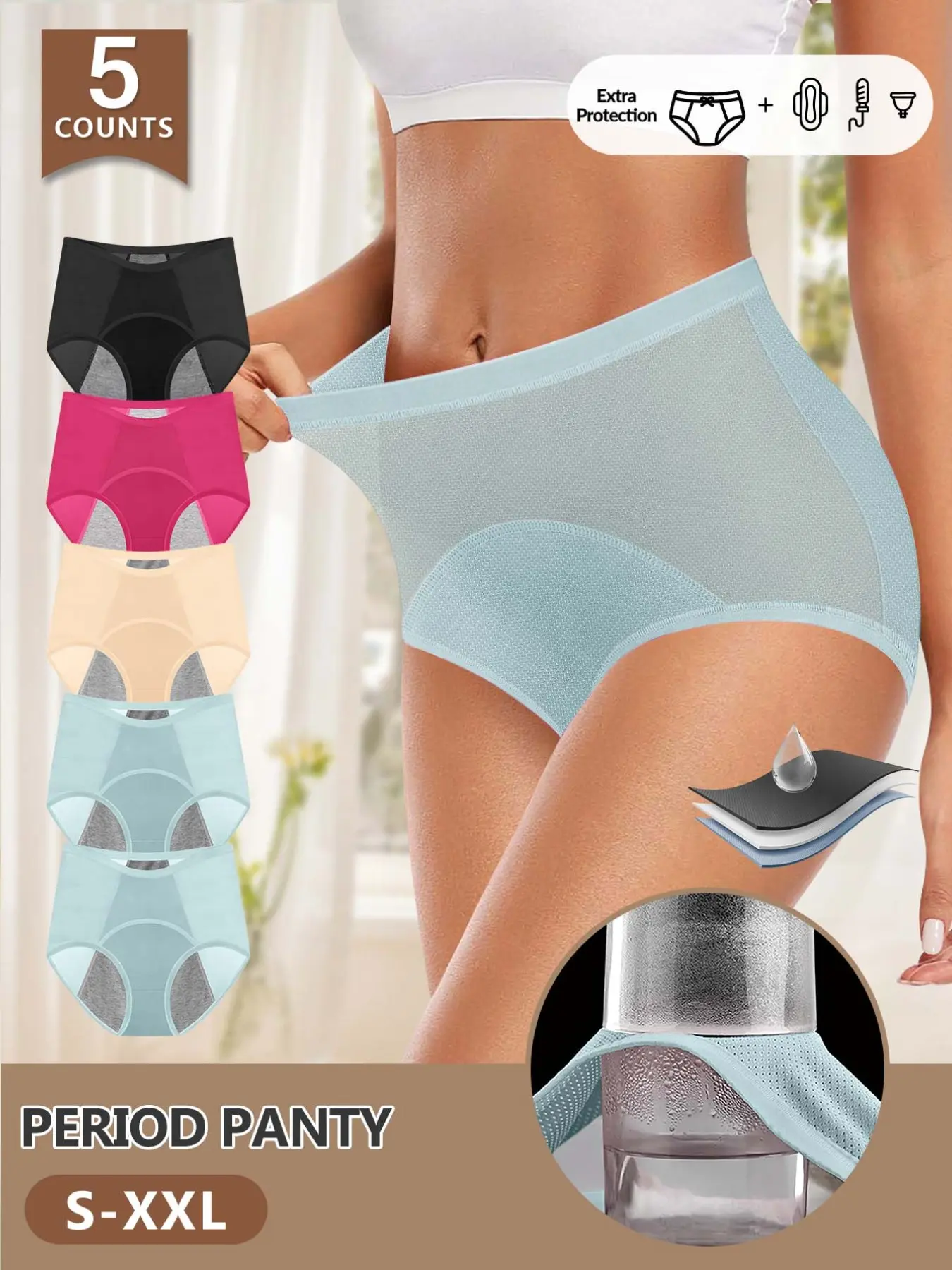[5 Pack] Women's Period Leak-Proof Underwear Set, Panties, S-XXL, High Waist, Stretchy, Breathable Mesh, Ice Silk Seamless, Available in Multiple Colors, Period Panty