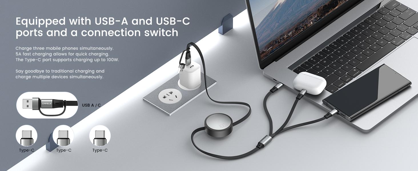 Retractable Charging Cable, W USB C Fast Charger Cable  in  with [cm] Adjustable Length, MultiPort Cord for Laptop, Phone, Car, Travel  PD./QC. (Grey)