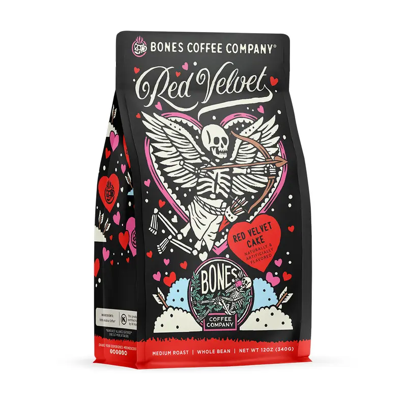 Bones Coffee Company - Red Velvet Cake Coffee - Made with Arabica Coffee Beans, Medium Roast, Ground, and Whole Coffee Beverage (12oz)