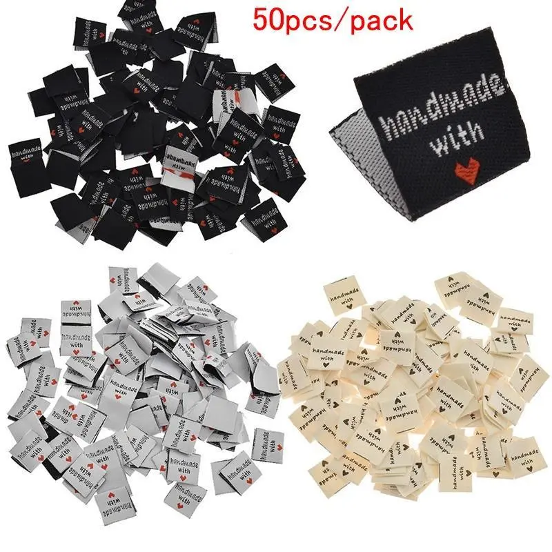 50pcs/100pcs Handmade Woven Embroidered Labels, Handmade Sewing Labels with Love for Clothing Garment and Sewing Decoration, Decorative Labels