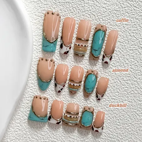 CuraTique Early Fall Collection Cute Turquoise Marble 10-Piece Handmade 3D Gel Nail Stickers - Reusable Decorations, Box-Included, Holiday Gift for Vacations, 2026 SpringNails
