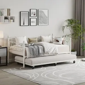 Gaomon Twin Size Powder-Coat Metal Daybed Frame with Floral Headboard & Trundle Bed, Tool-Free Assembly, Steel Slats Support, Space-Saving Multifunctional for Living Room, No Box Spring Needed, Modern White