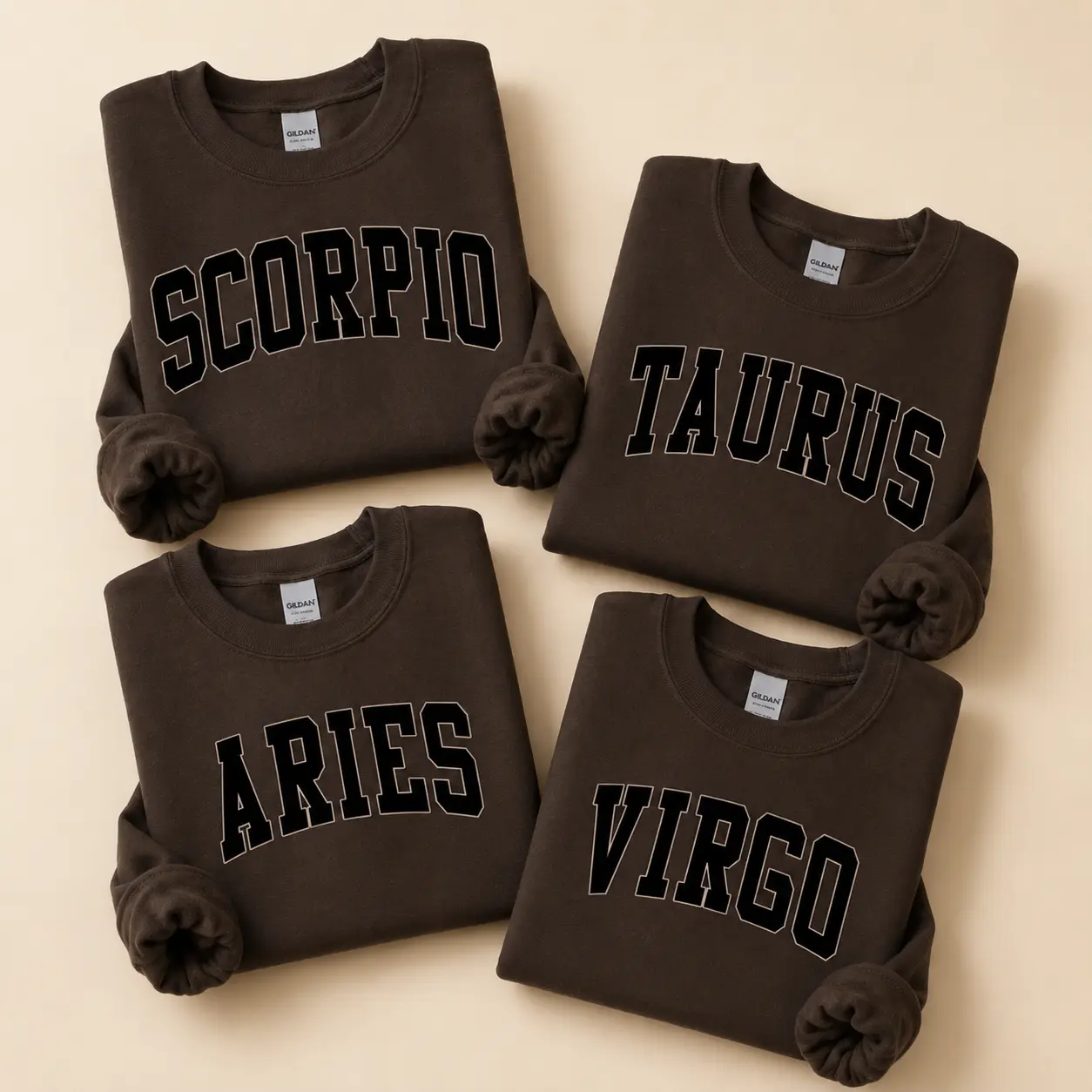 Custom 12 Zodiac Sign Graphic Sweatshirt, Unisex Arched Varsity Outline Astrology Crewneck for Men and Women, Aries Taurus Gemini Cancer Leo Virgo Libra Scorpio Sagittarius Capricorn Aquarius Pisces Birthday Gift Sweatshirt