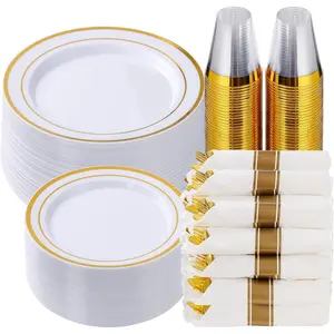 350 count  Plastic Dinnerware Set for 50 Guests, Fancy Disposable Plates for Party, Include: 50 Dinner Plates, 50 Dessert Plates, 50 Pre Rolled Napkins with Silverware, 50 Cups