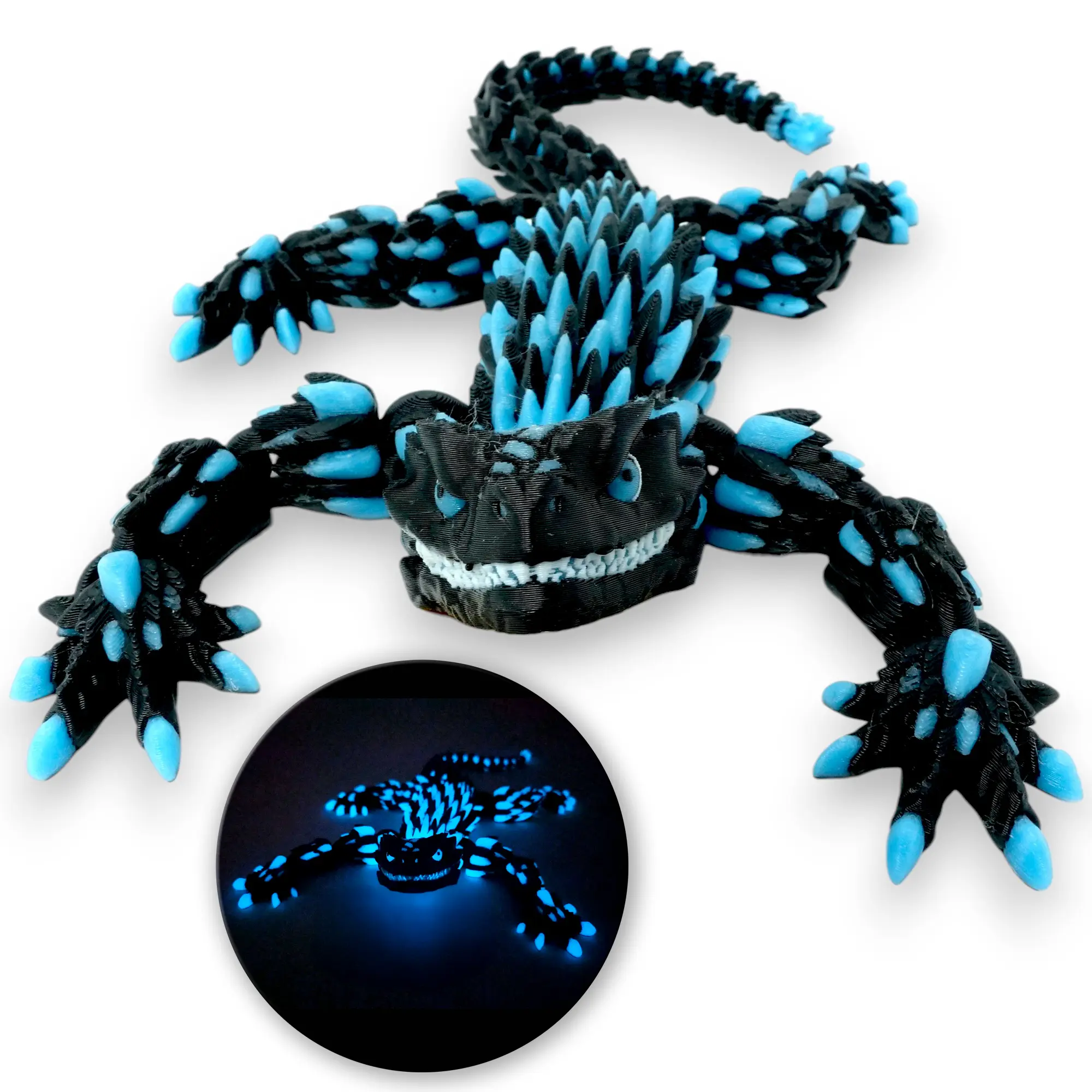 Glow in the Dark Articulated Armadillo Lizard - PhantomBlitz Black & Blue Glow Reptile Figurine with Moving Joints, 3d Printed Lizard for Mythical Lore or Fantasy Shelf Decor, 3d Lizard