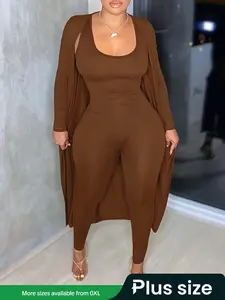 【Plus Size】 Two-piece Matching Set Solid Scoop Neck Jumpsuit & Long Sleeve Open Front Outwear, Casual Fashion Cozy Outfits for Daily Outdoor Wear, Women's Clothing for All Seasons, Two Piece Set Women, Co-ord Sets, Womenswear