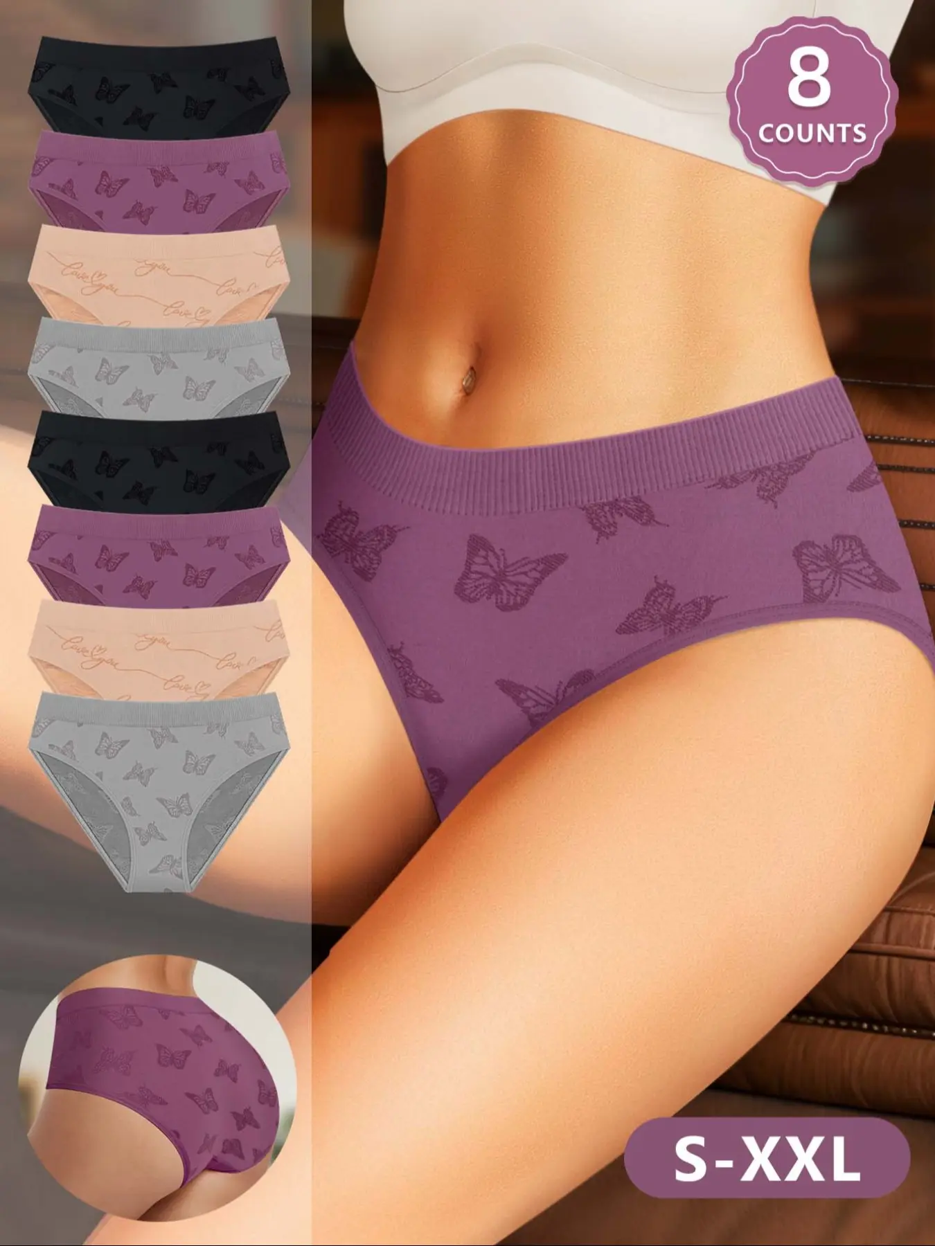 8-Pack MEIYATING Women's Underwear, Butterfly Shape, Everyday Comfortable Soft Casual Triangle Panties, High-Quality Printed Skin-Friendly Trunks, Fitted Knickers