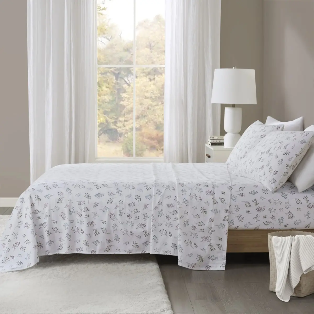 True North by Sleep Philosophy TN20-0598 100% Cotton Flannel Sheet Set - White Tossed Botanical Print, California King Size, Cotton Bed Sheets, Flannel Sheets