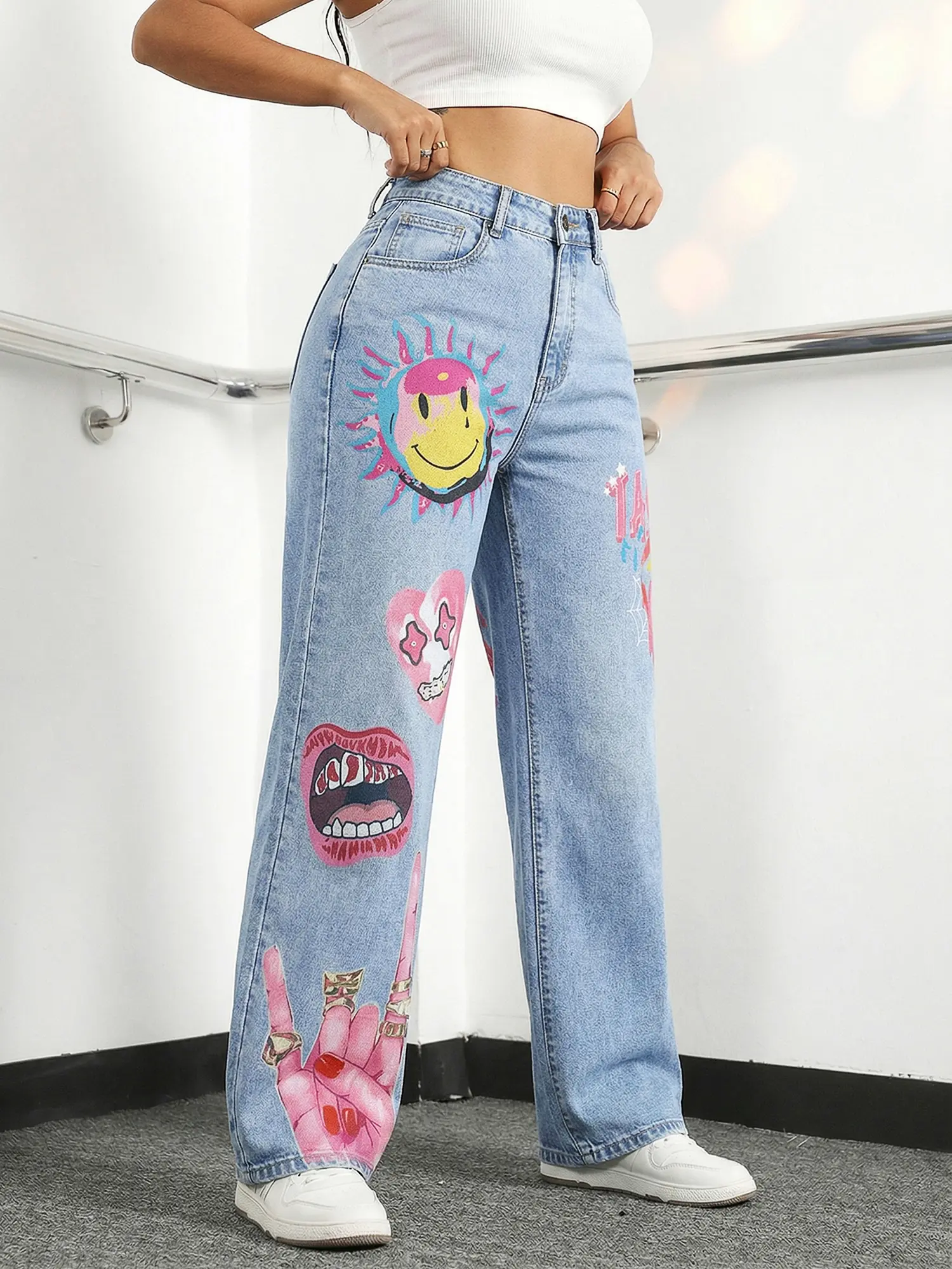 Jr Jeanius Wear Women's High Waist High Stretch Vintage Blue Denim Bottoms Button Y2K Fly Closure, Printed (Plaid, Star, Heart), Slim Fit Seam Detail Straight Wide Leg Jorts, Push Up Figure Soft Pearl Cotton,Light Wash, Summer Streetwear Casual Outfits